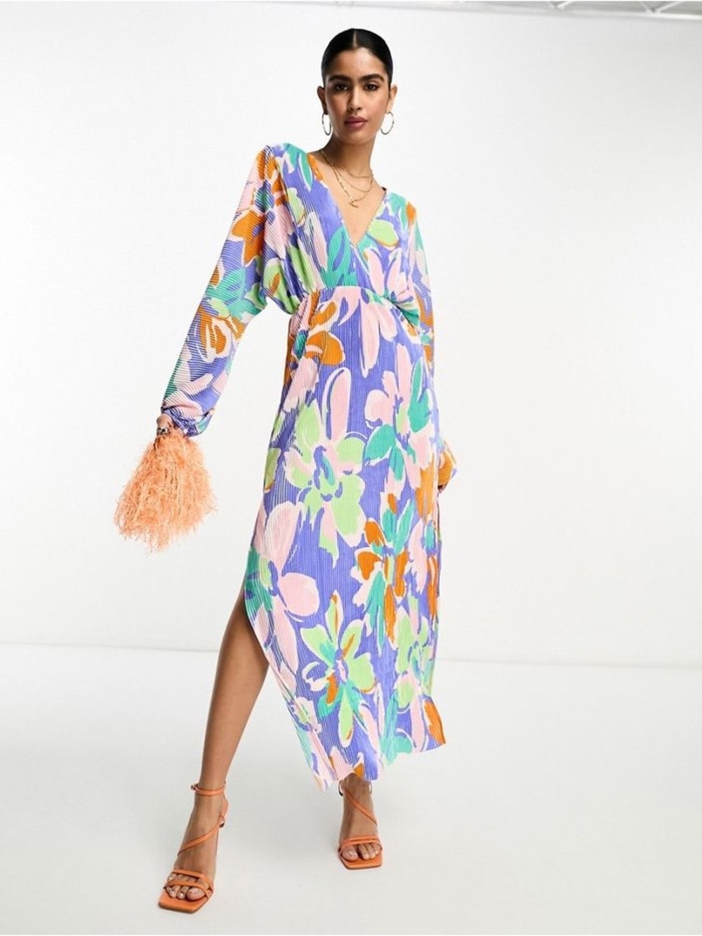 ASOS DESIGN Pleated Floral Midi Maxi Dress Abstract Print Balloon Sleeve Size 8